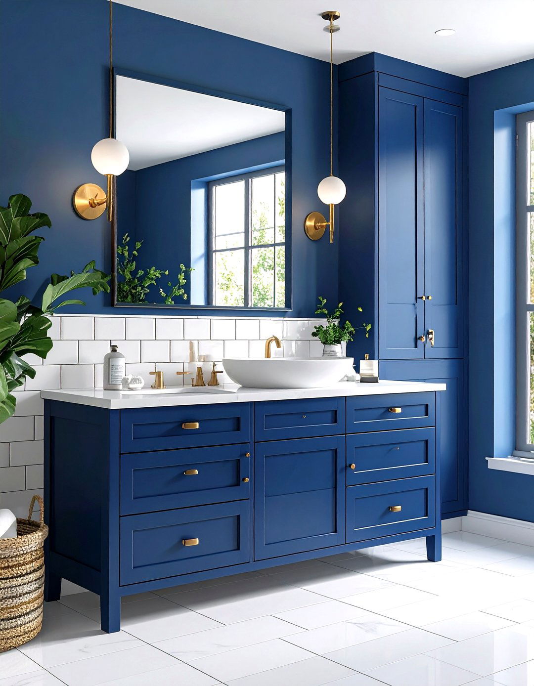 Navy Blue Bathroom with White Subway Tiles - 24 Navy Blue Bathroom Ideas
