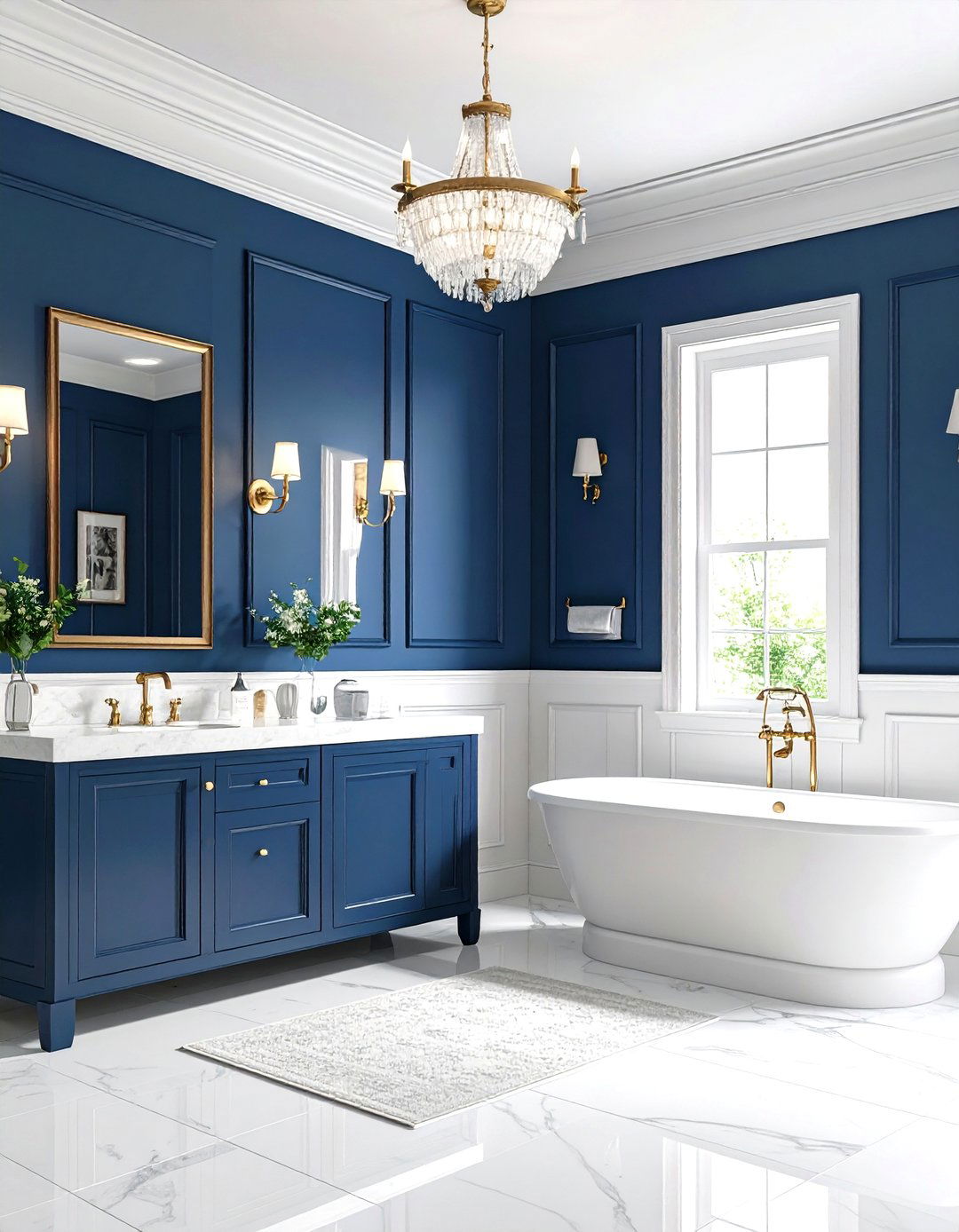 Navy Blue Bathroom with White Wainscoting - 24 Navy Blue Bathroom Ideas