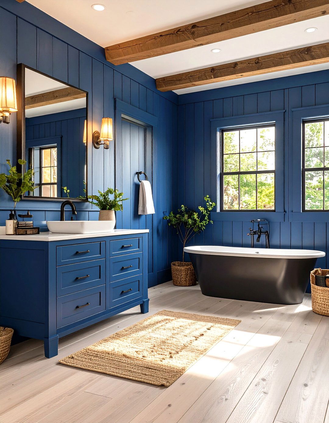 Navy Blue Beadboard with Black Fixtures - 24 black and blue bathroom ideas