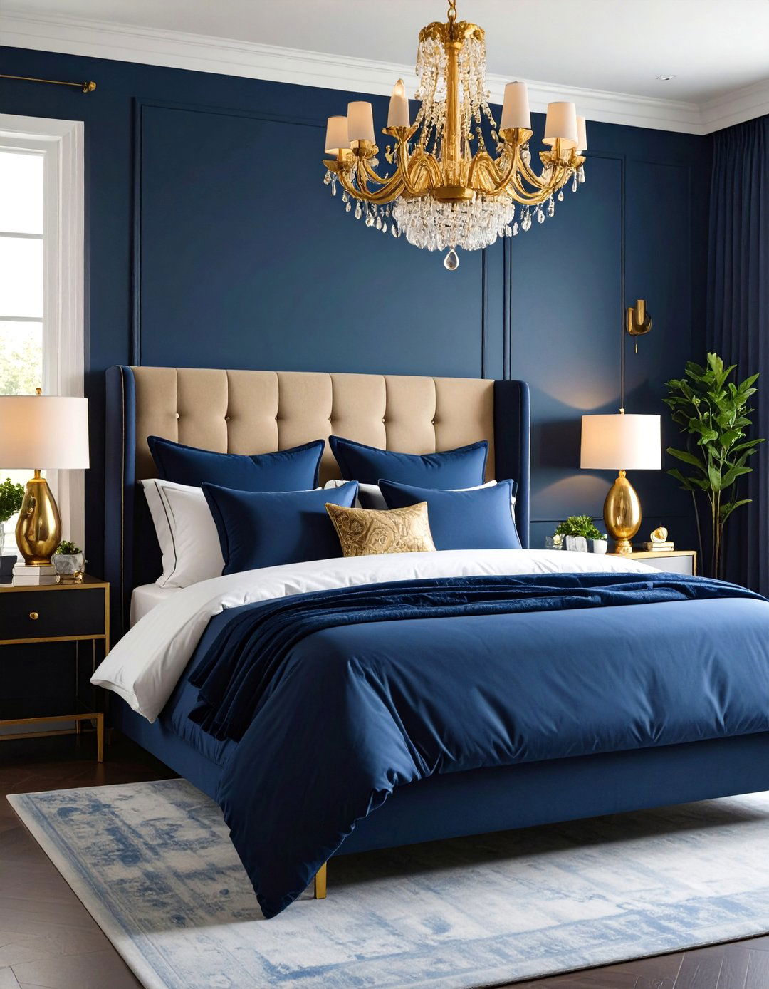 Navy Blue Bedding with Gold Lighting Fixtures - 24 Blue and Gold Bedroom Ideas