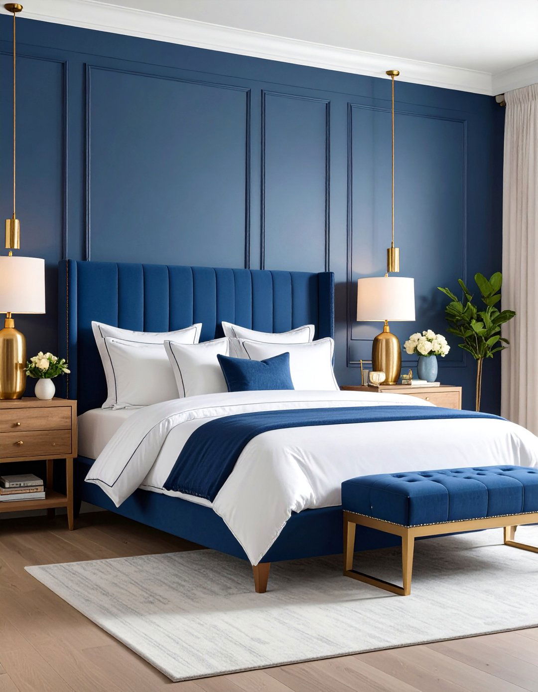 Navy Blue Bedroom with Brass Accents - 24 Blue Bedroom Ideas