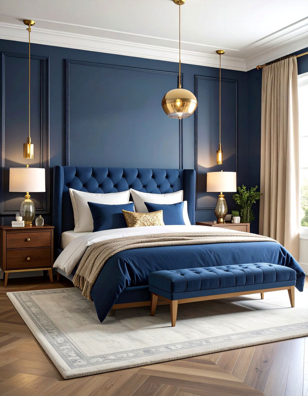 Navy Blue Bedroom with Brass Accents - 24 Bedroom Paint Colors