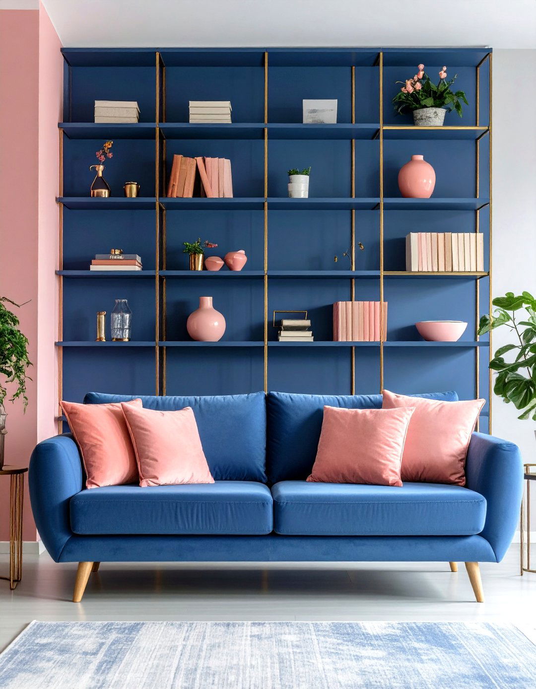 Navy Blue Built in Shelving with Coral Pink Statement Pieces - 24 Pink and Blue Living Room Ideas