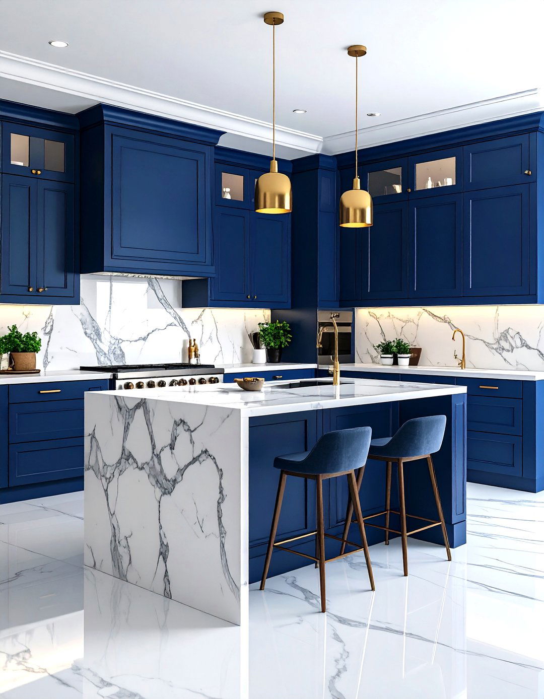 Navy Blue Cabinets with Marble Countertops and Backsplash