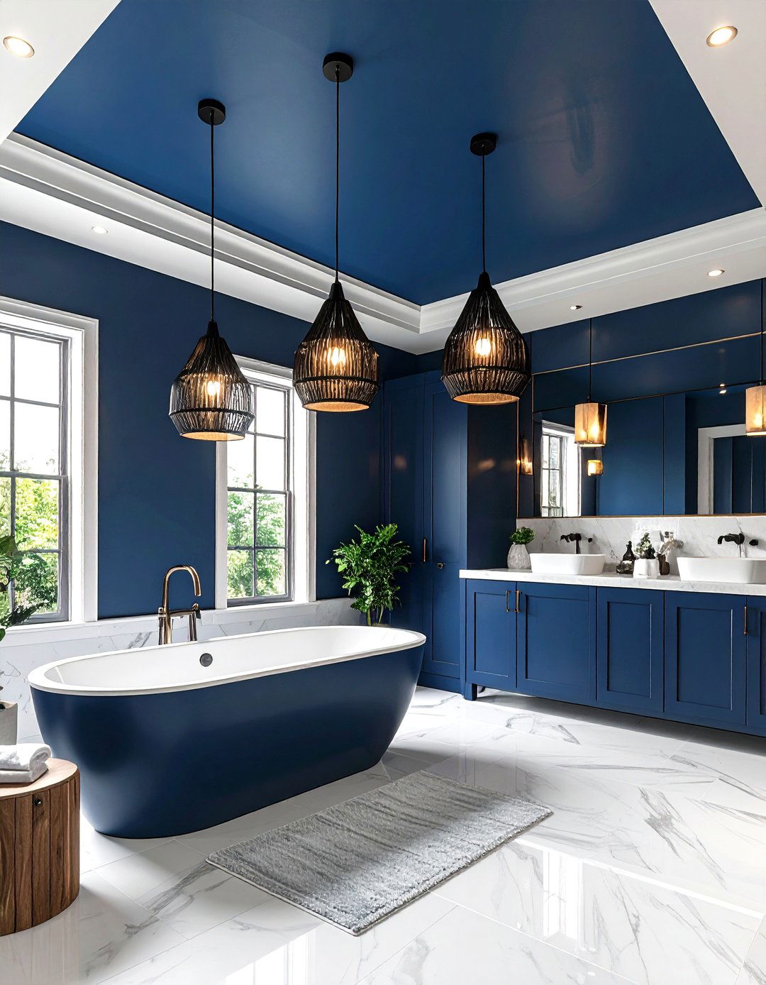 Navy Blue Ceiling with Black Pendant Lights - 24 black and blue bathroom ideas