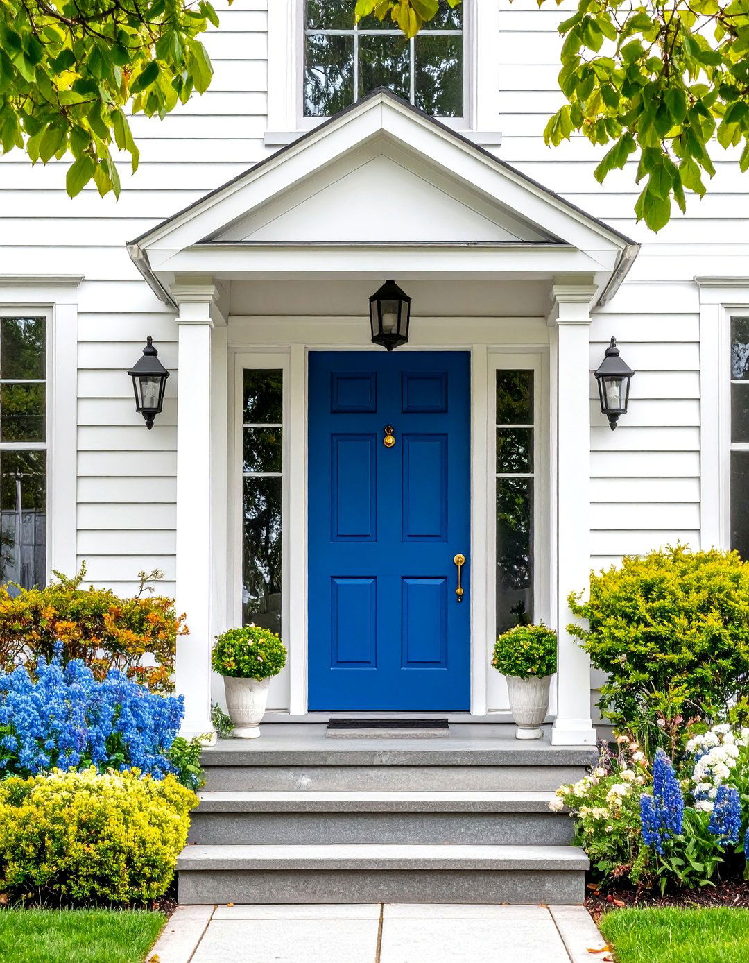 Navy Blue Door with Light Grey Colonial Siding - 24 Grey House With Blue Door Ideas