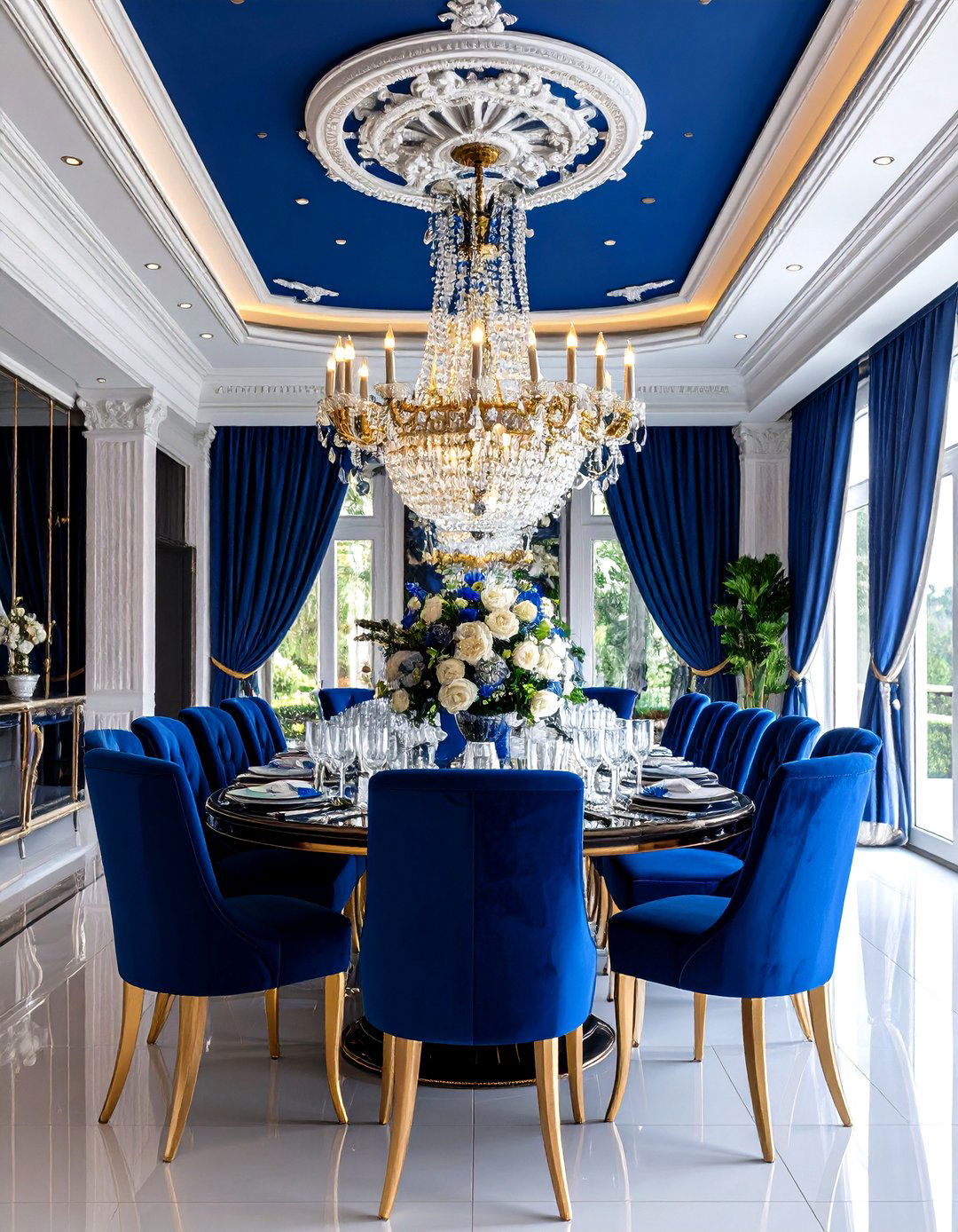 Navy Blue Dramatic Ceiling Medallion - 24 Navy Blue Dining Room Ideas