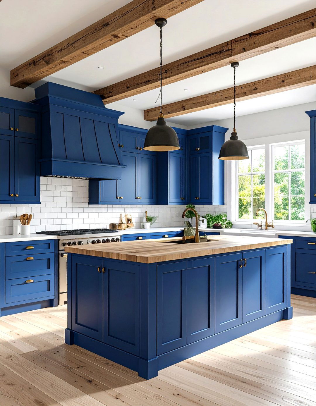 Navy Blue Farmhouse Kitchen with Butcher Block Countertops - 24 blue farmhouse kitchen cabinets