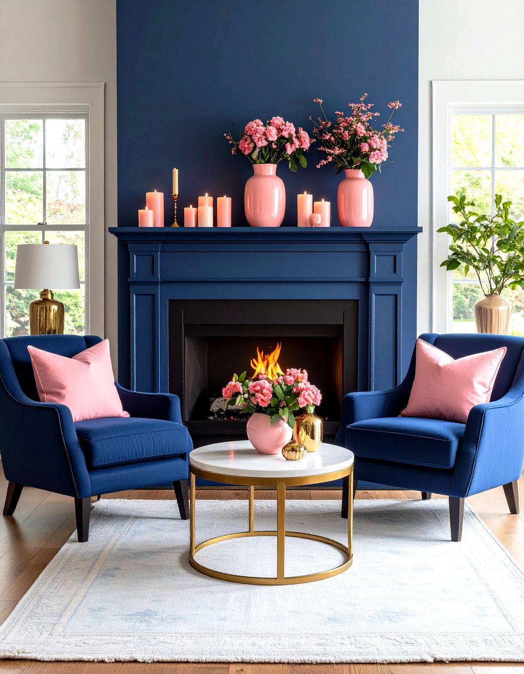 Navy Blue Fireplace Surround with Pink Mantel Styling - 24 Pink and Blue Living Room Ideas