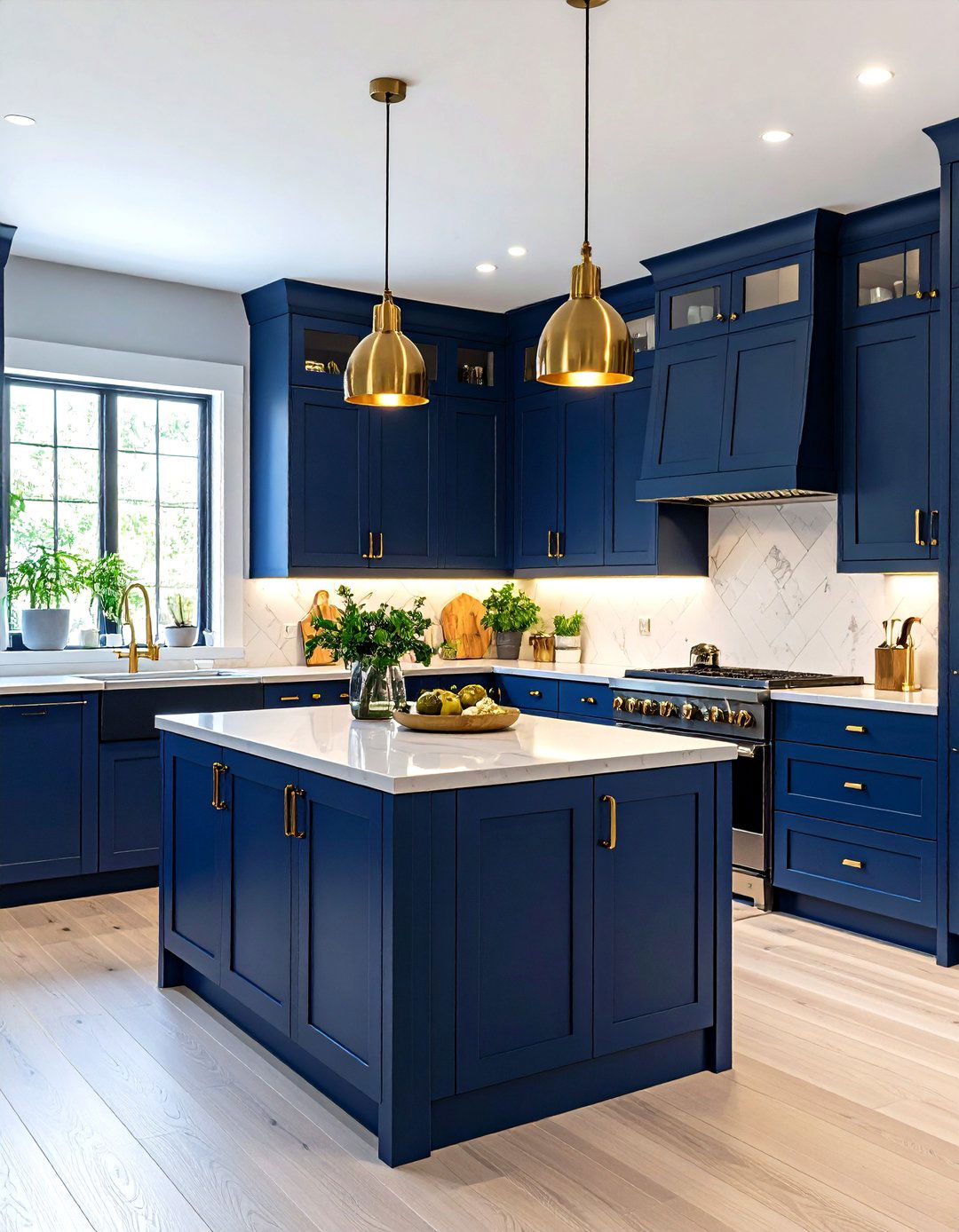 Navy Blue Galley Kitchen with Brass Accents - 24 Navy Blue Kitchen Cabinets Ideas