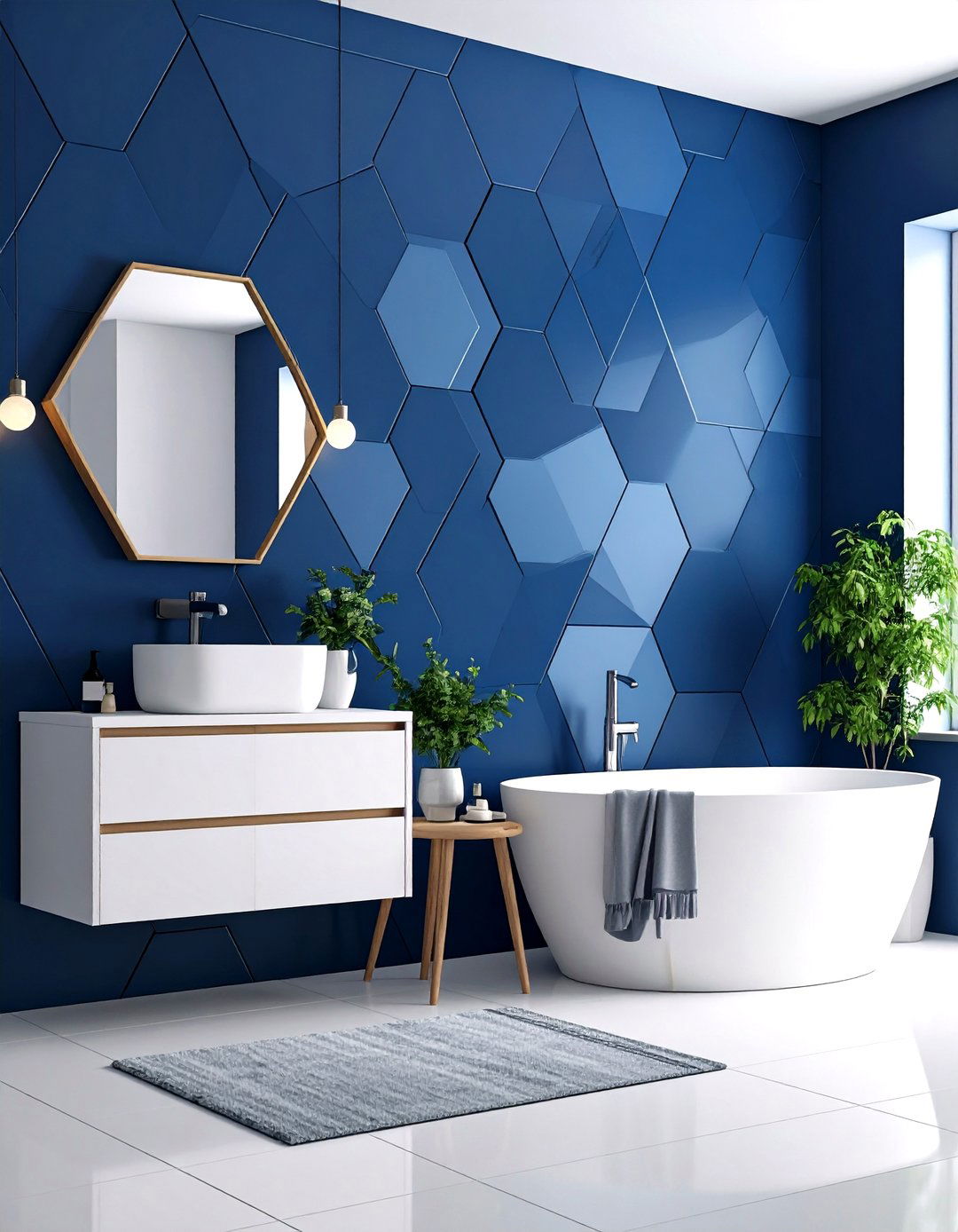Navy Blue Geometric Wallpaper Feature Wall - 24 Navy Blue Bathroom Ideas