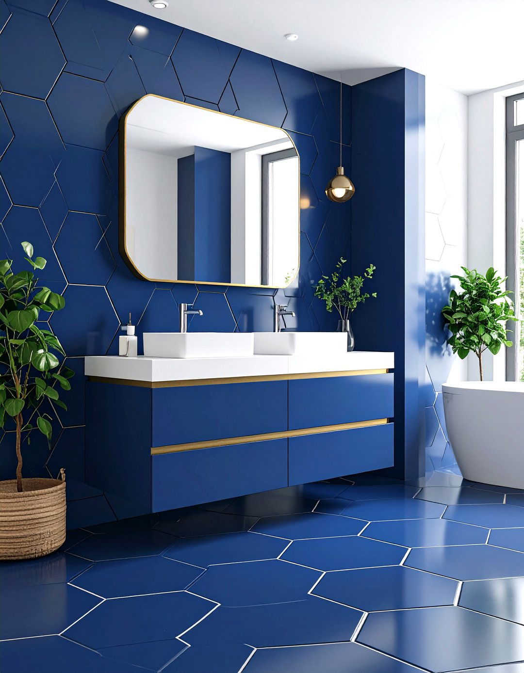 Navy Blue Hexagon Floor Tiles - 24 Navy Blue Bathroom Ideas