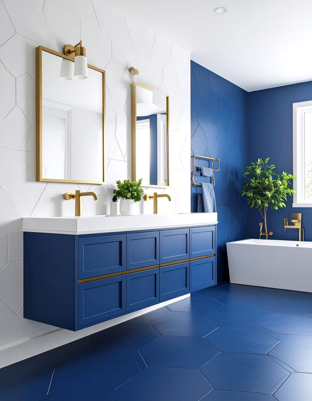 Navy Blue Hexagon Floor Tiles - 24 blue powder room ideas