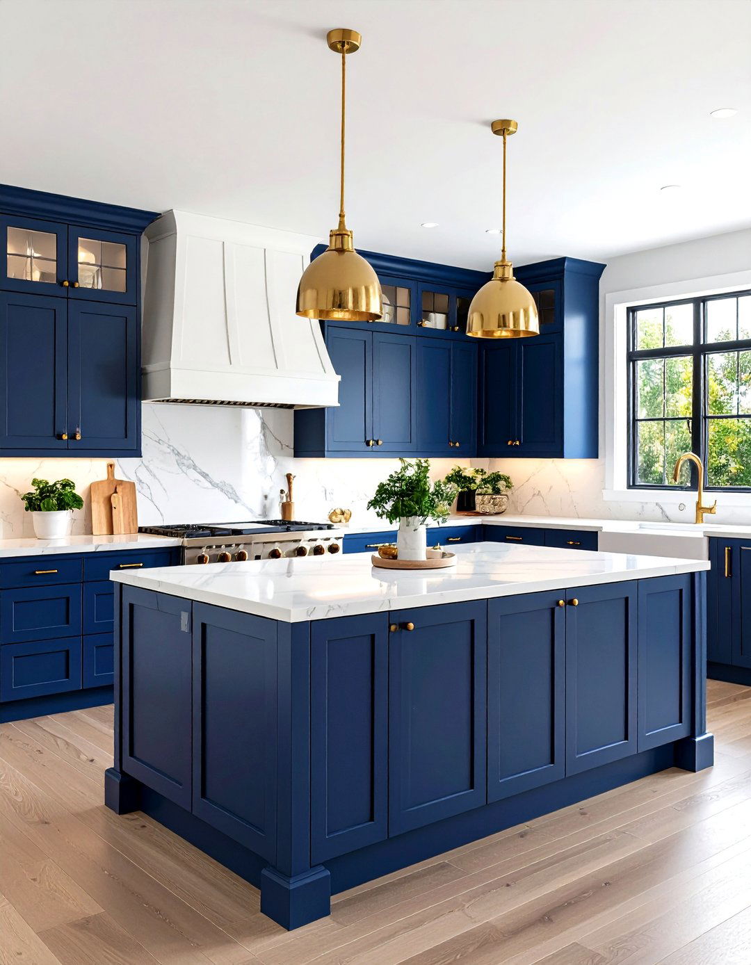 Navy Blue Island with White Perimeter Cabinets