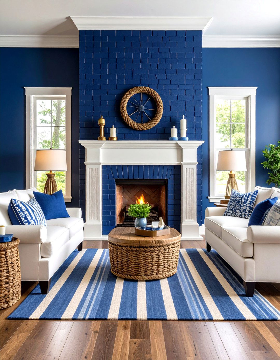 Navy Blue Painted Brick Fireplace with Nautical Elegance - 24 Painted Brick Fireplace Ideas