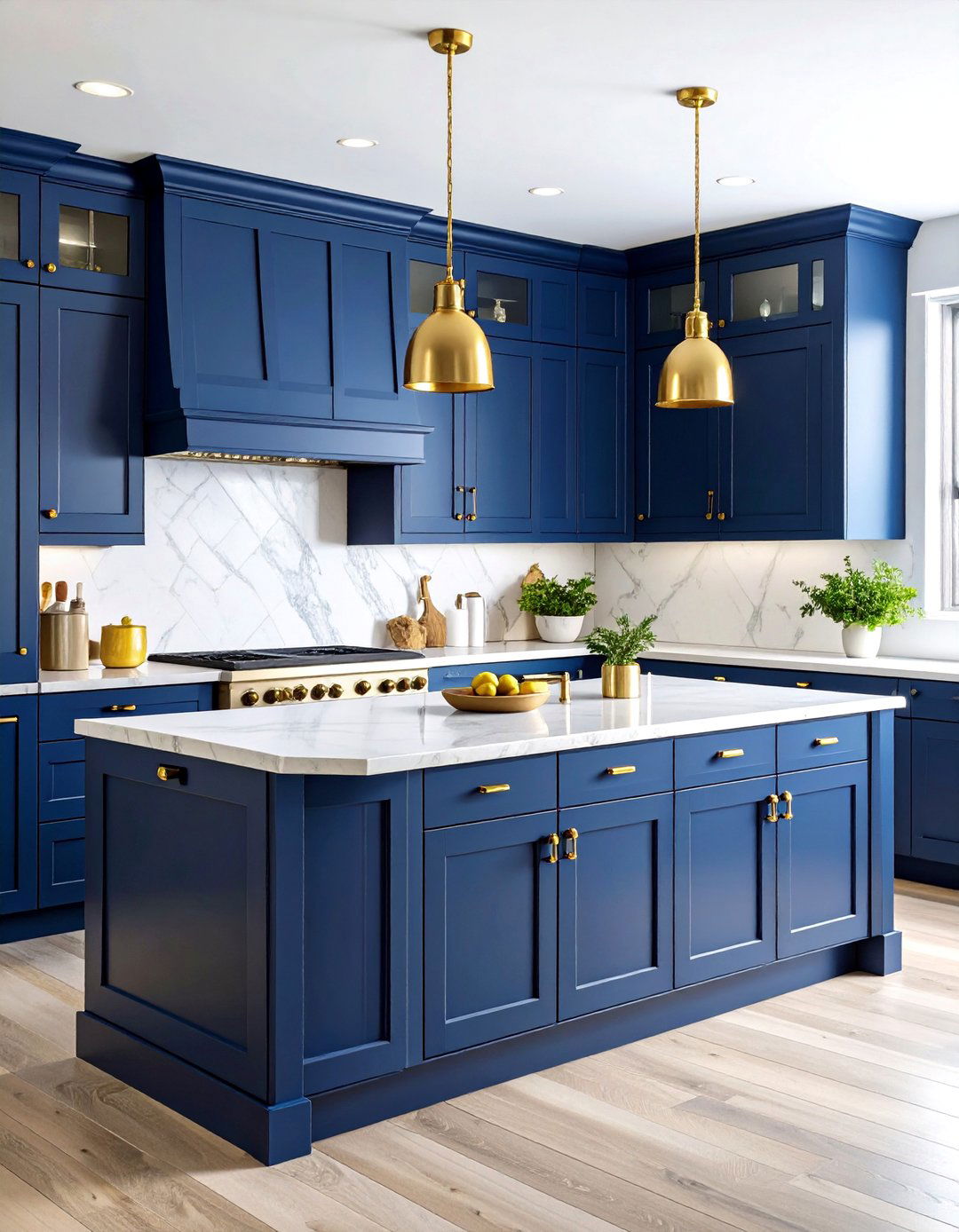 Navy Blue Shaker Cabinets with Brass Hardware - 24 Blue Kitchen Ideas