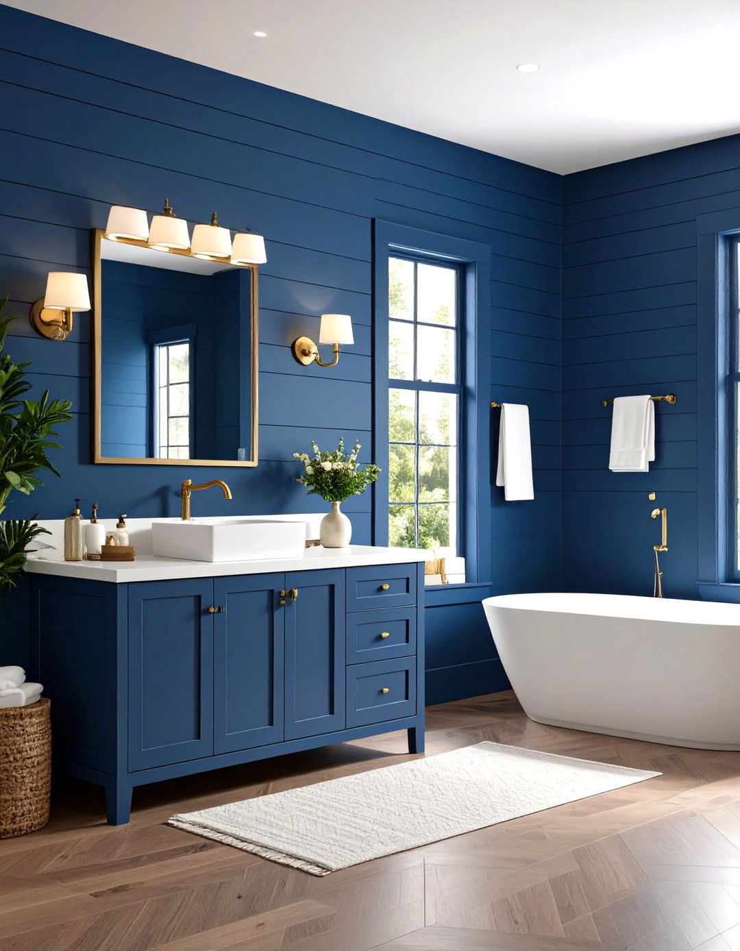 Navy Blue Shiplap Accent Wall - 24 blue powder room ideas