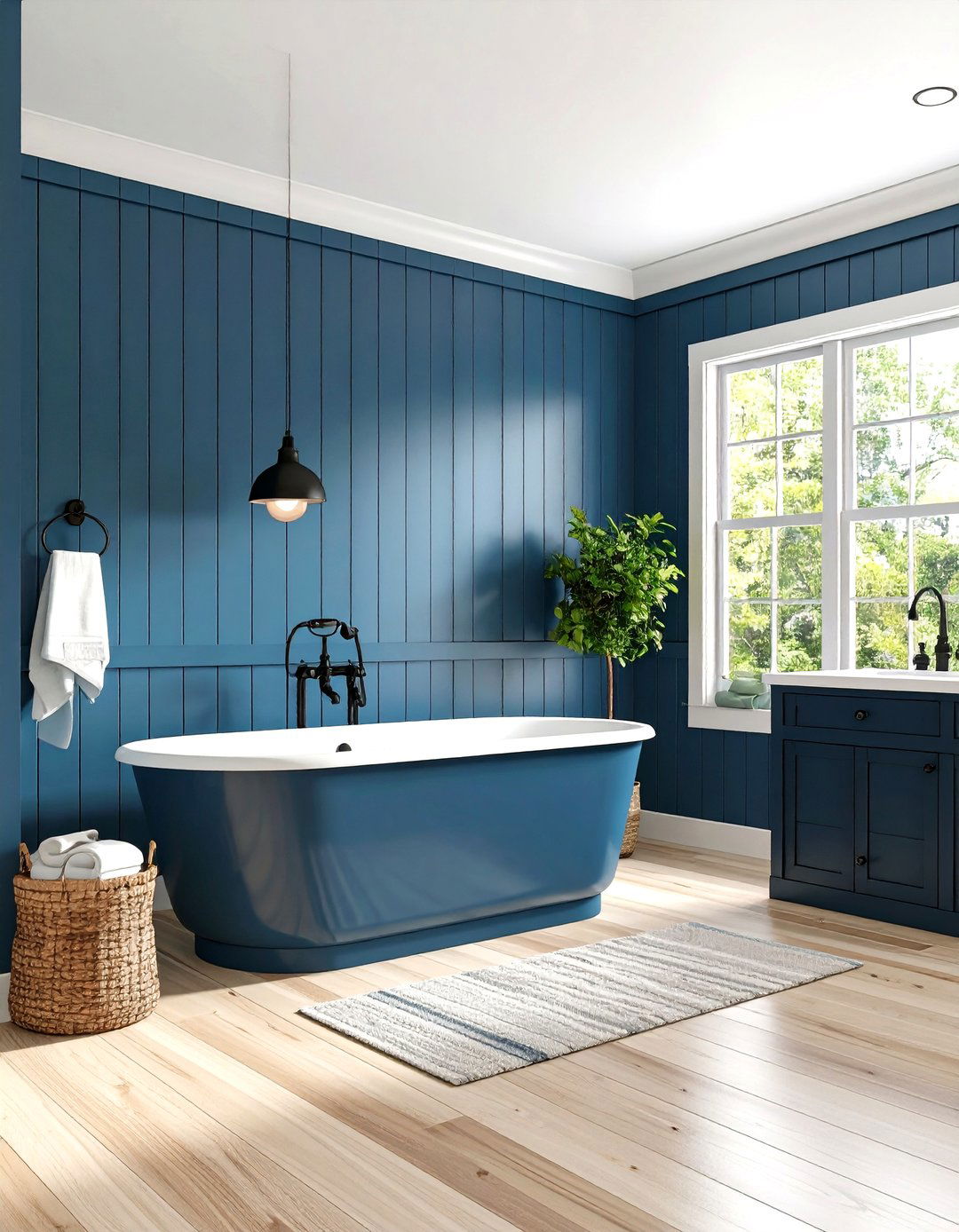 Navy Blue Shiplap with Black Vintage Fixtures - 24 black and blue bathroom ideas