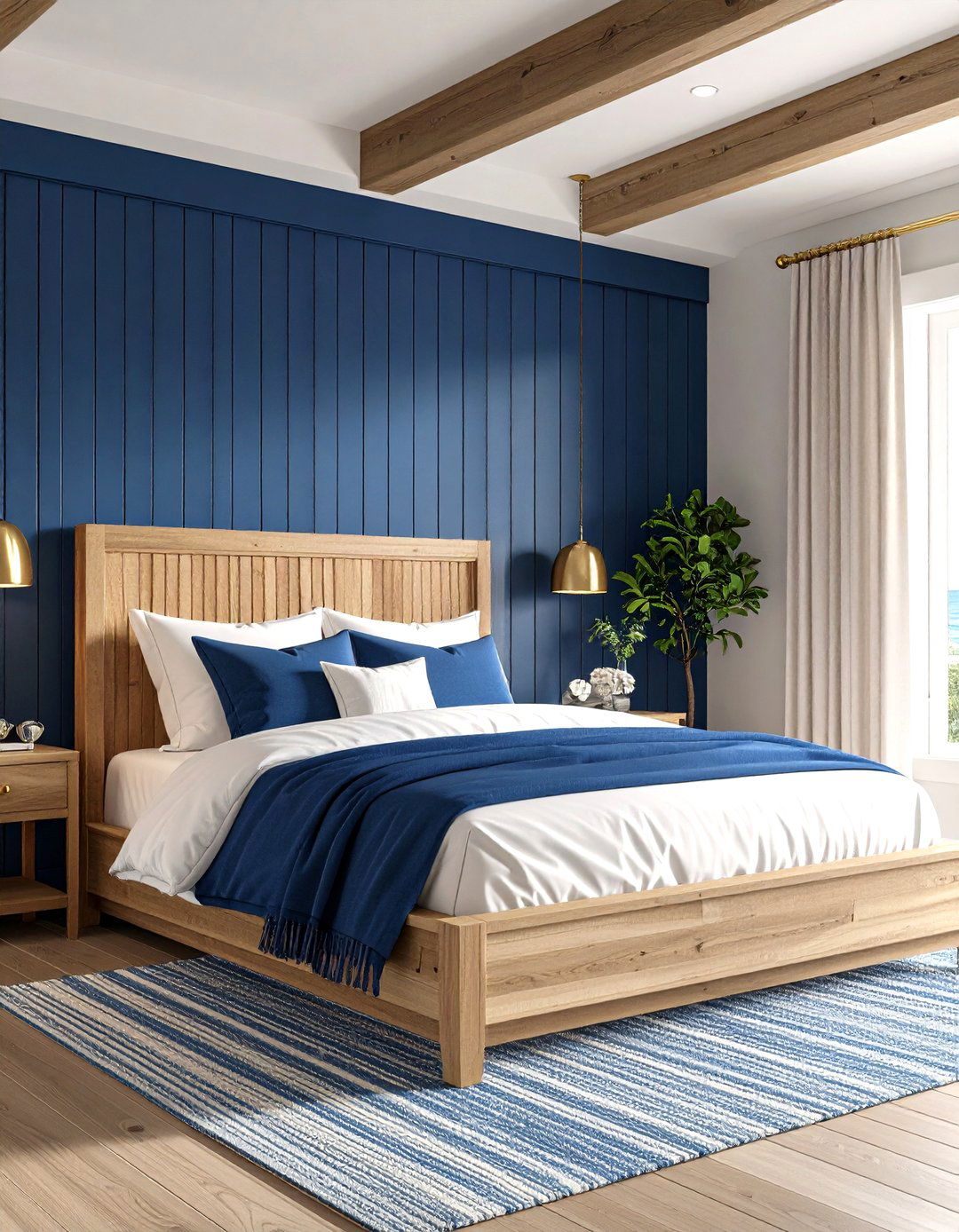 Navy Blue Shiplap with Brass Hardware - 24 Blue and Gold Bedroom Ideas