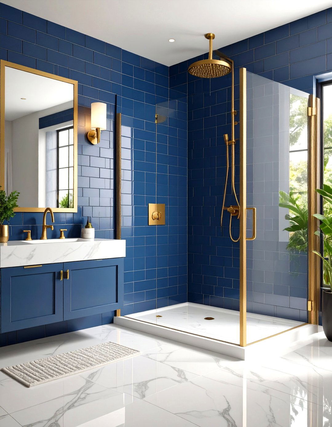 Navy Blue Subway Tile Shower Sanctuary - 24 Blue and Gold Bathroom Ideas