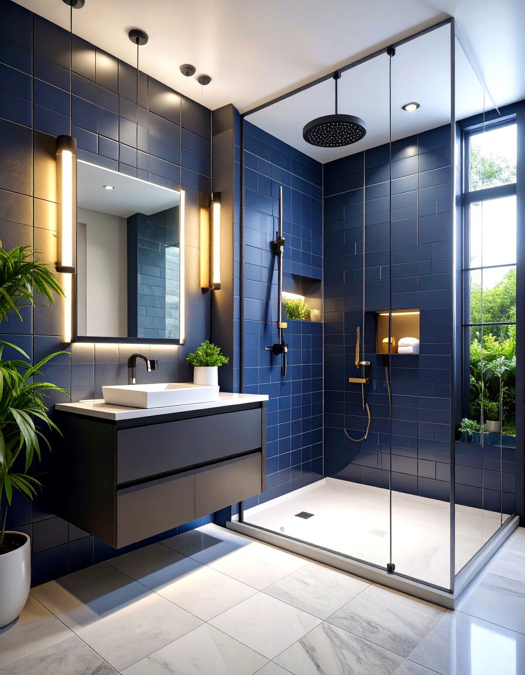 Navy Blue Subway Tiles with Matte Black Fixtures - 24 black and blue bathroom ideas