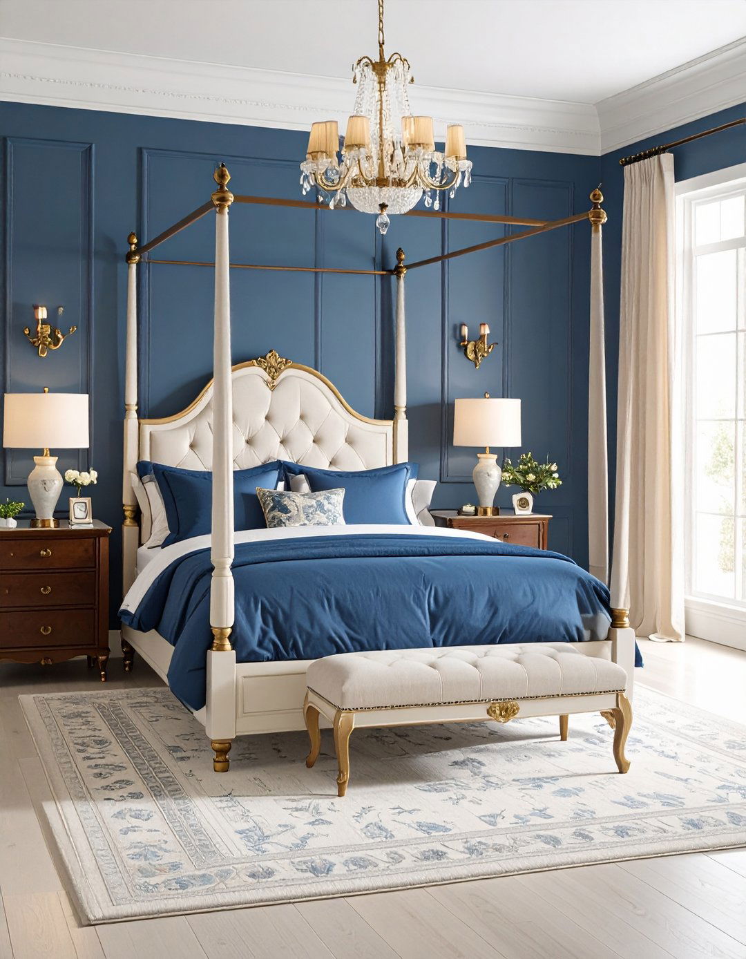 Navy Blue Traditional Four Poster Bedroom - 24 Blue and White Bedroom Ideas