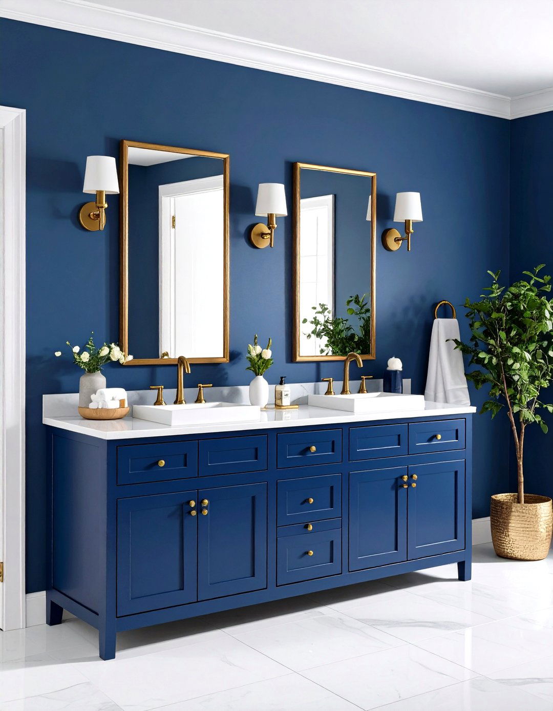 Navy Blue Vanity with Brass Hardware