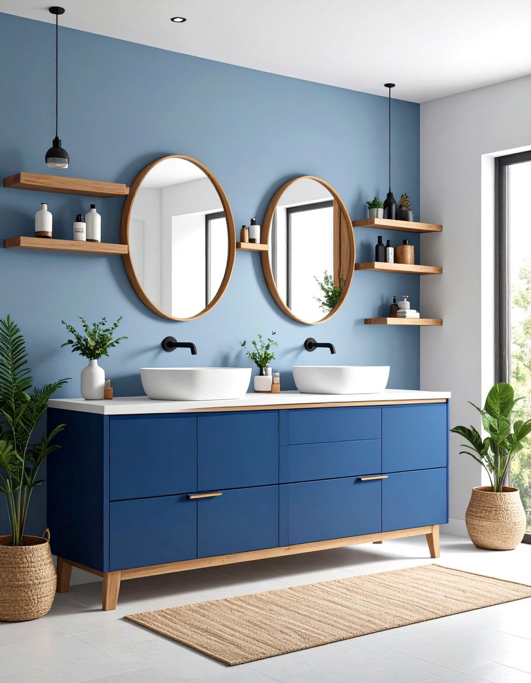 Navy Blue Vanity with Natural Wood Accents - 24 Navy Blue Bathroom Ideas