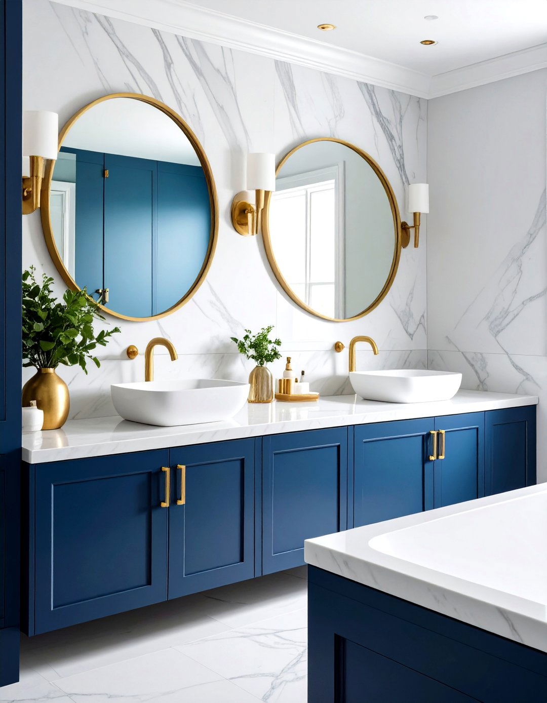 Navy Blue Vanity with White Marble Countertops - 24 Navy Blue Bathroom Ideas