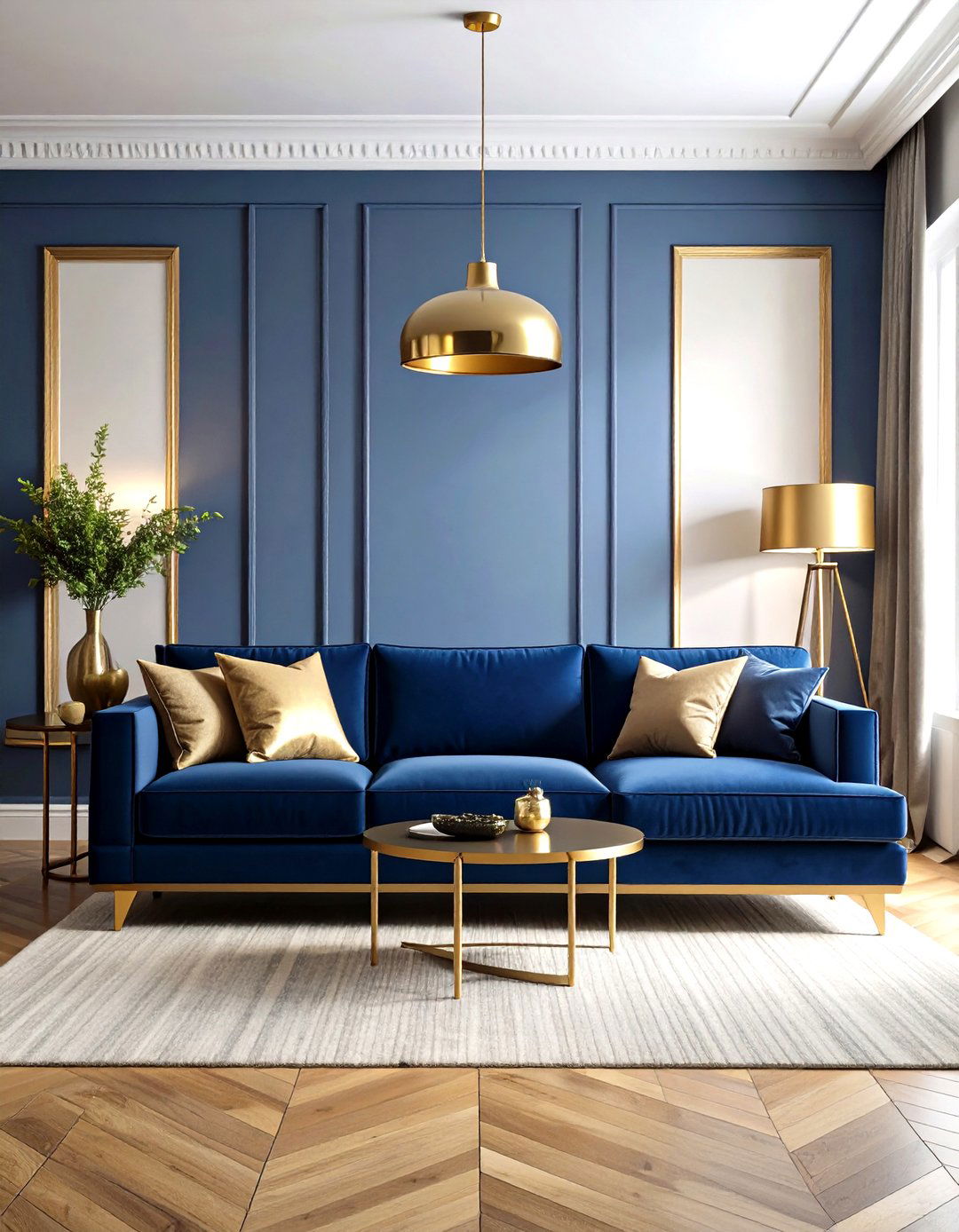 Navy Blue Velvet Sofa with Gold Accent Lighting - 24 Blue and Gold Living Room Ideas