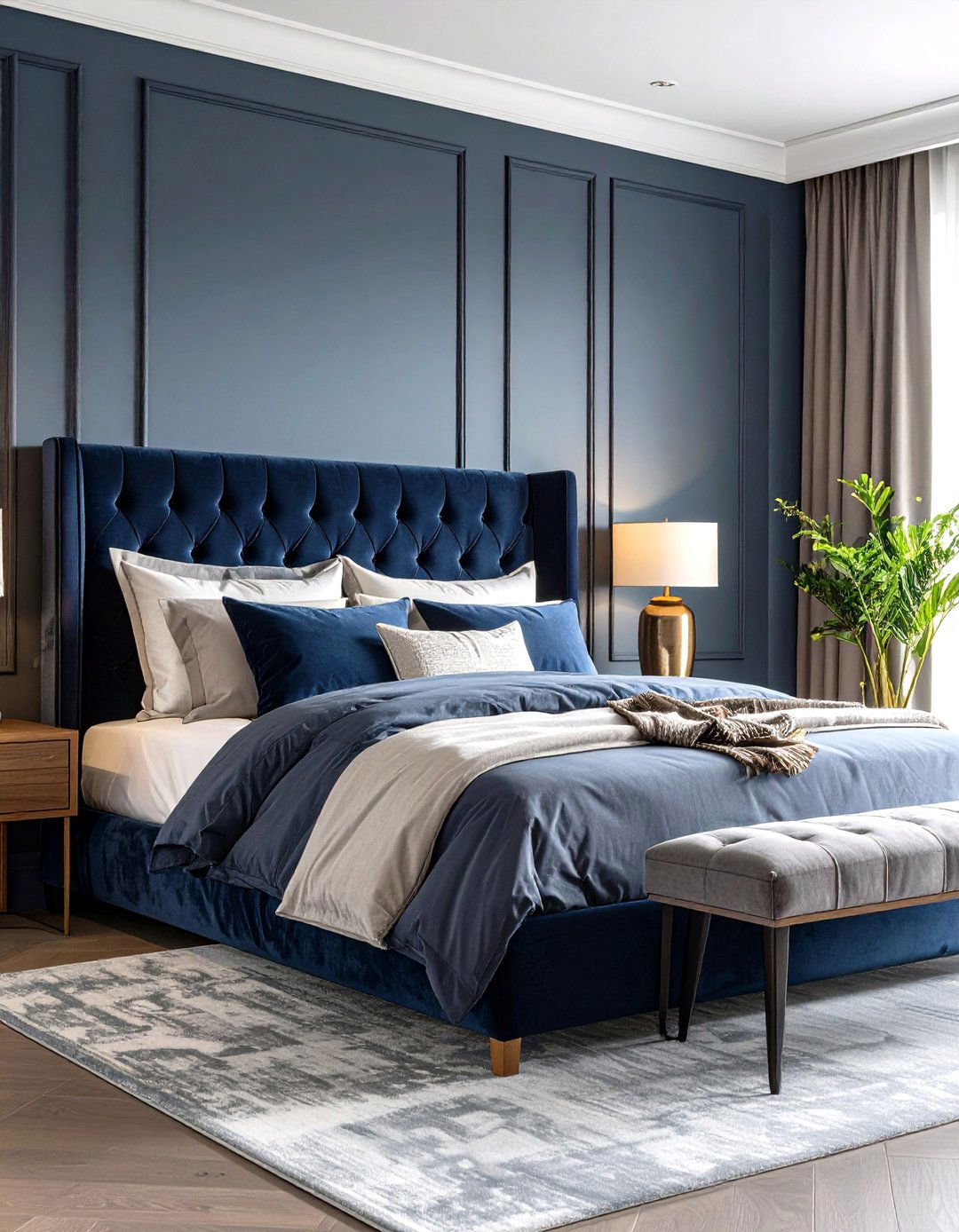 Navy Blue Velvet and Grey Linen Textures - 24 Navy Blue and Grey Bedroom Ideas