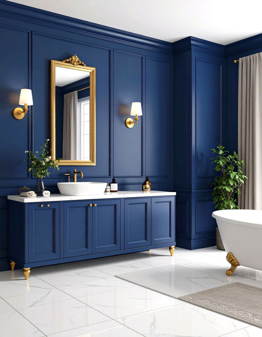 Navy Blue Wainscoting with Brass Fixtures - 24 Bathroom Wainscoting Ideas