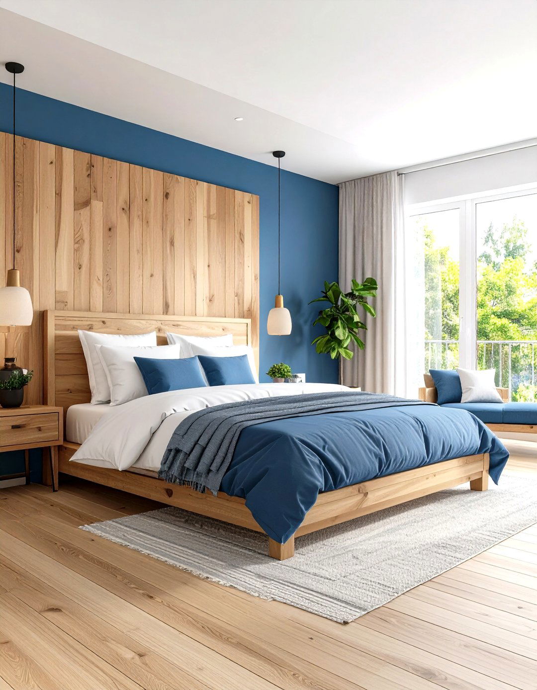 Navy Blue and Natural Wood Harmony - 24 Dark Blue Bedroom Ideas
