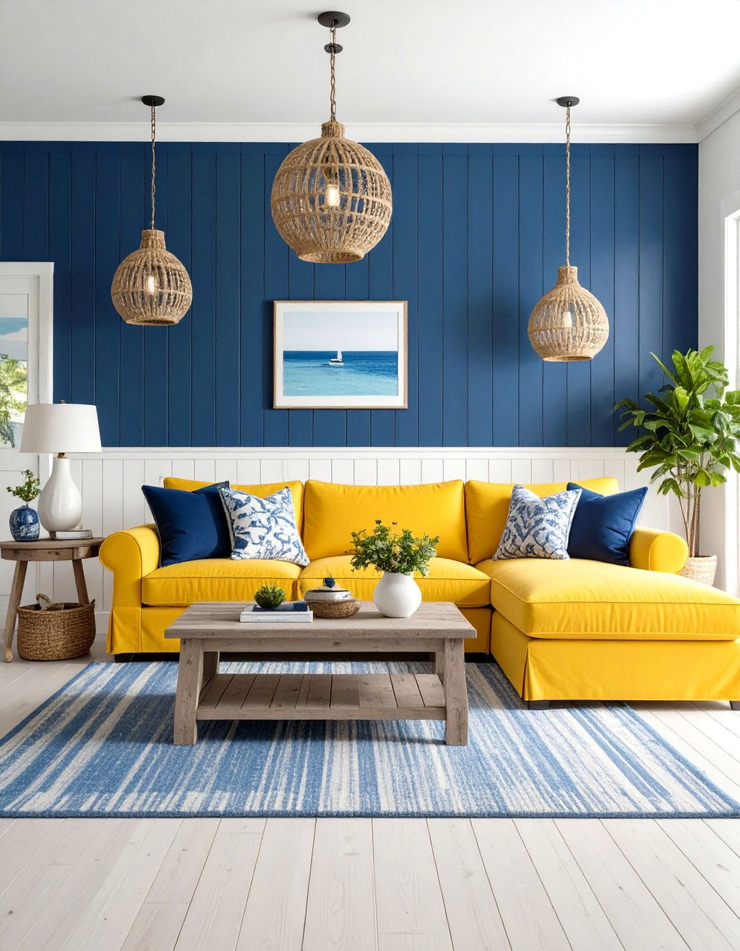Navy Blue and Yellow Coastal Living Room - 24 Yellow Couch Living Room Ideas