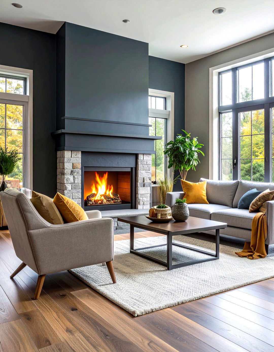 Navy Fireplace Feature with Grey Surrounding Elements