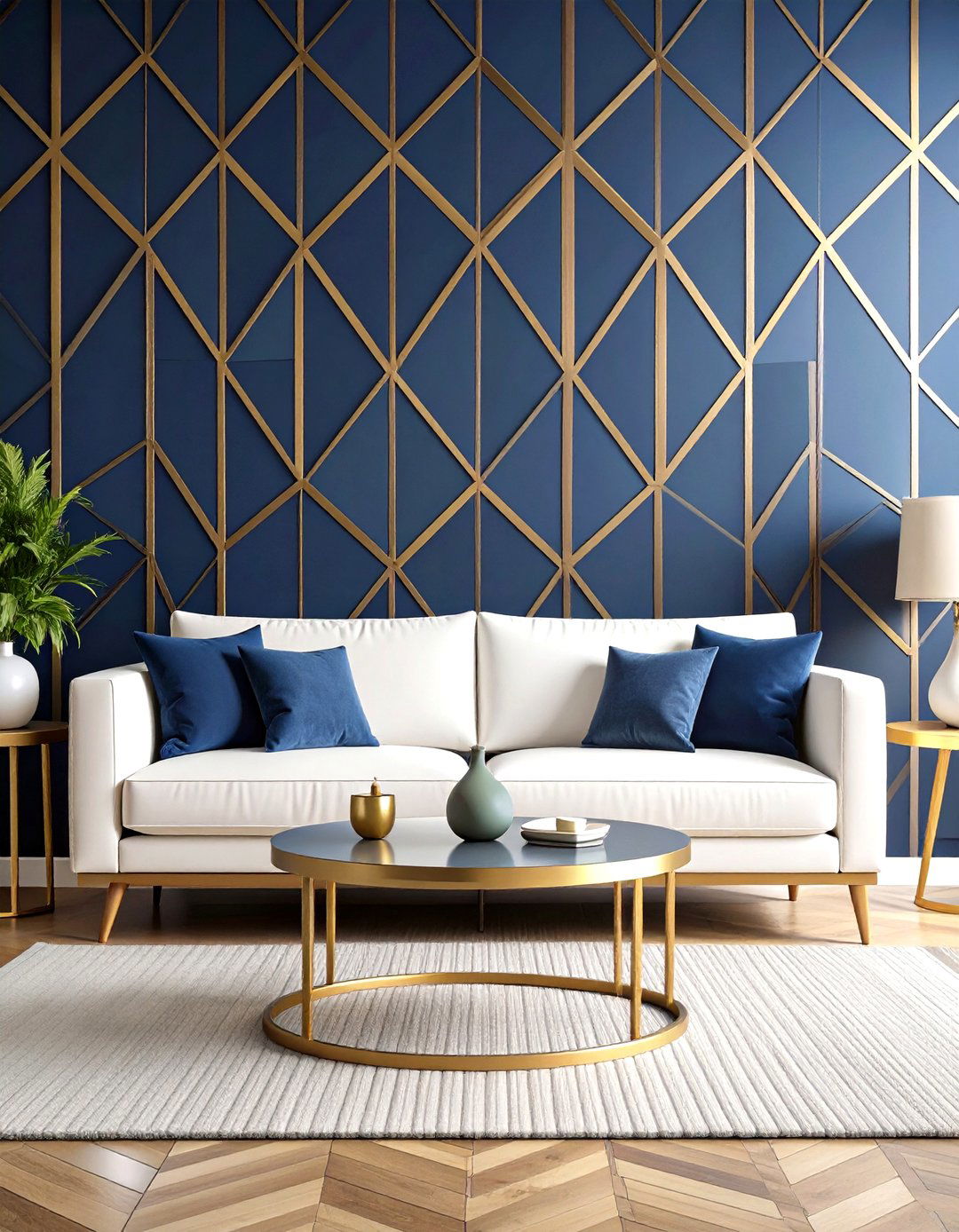 Navy Geometric Wallpaper Feature - 24 Navy Blue Living Room Ideas
