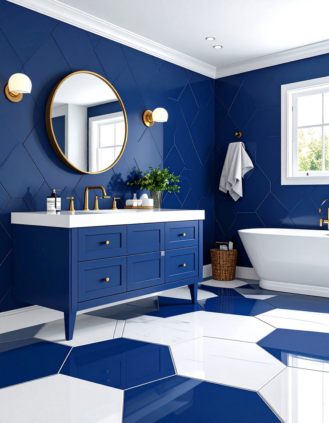 Navy Hexagon Tile Floor Powder Room - 24 navy blue powder room ideas