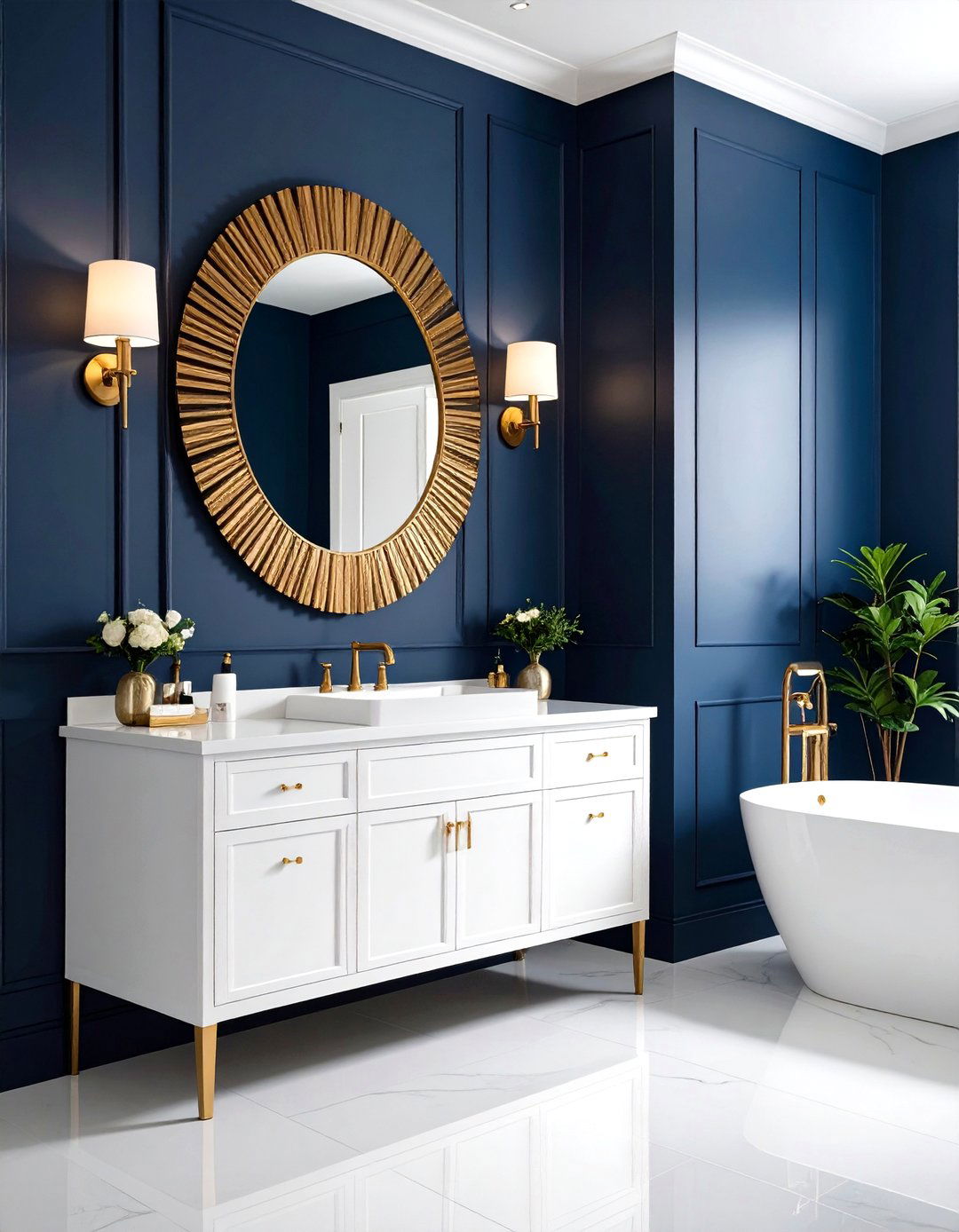 Navy Powder Room with Brass Mirror - 24 navy blue powder room ideas
