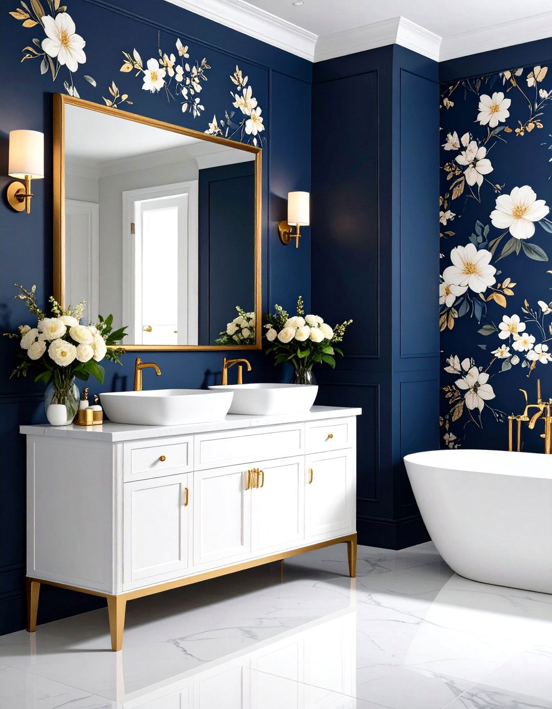 Navy Powder Room with Floral Wallpaper - 24 navy blue powder room ideas