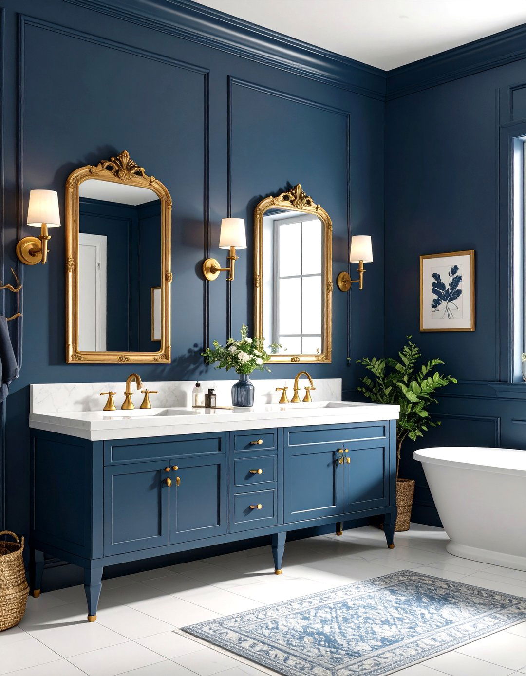 Navy Powder Room with Vintage Brass Fixtures - 24 navy blue powder room ideas