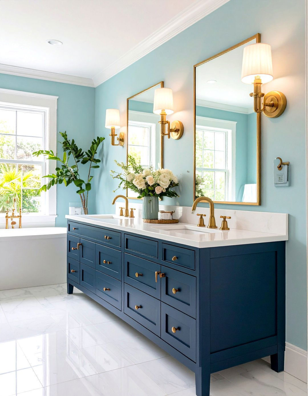 Navy Vanity with Brass Fixtures - 24 navy blue powder room ideas