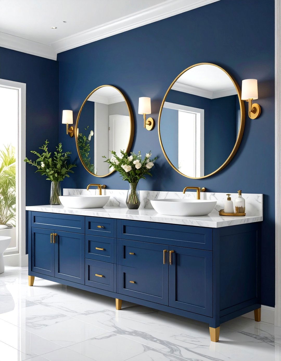 Navy Vanity with Marble Countertops - 24 navy blue powder room ideas