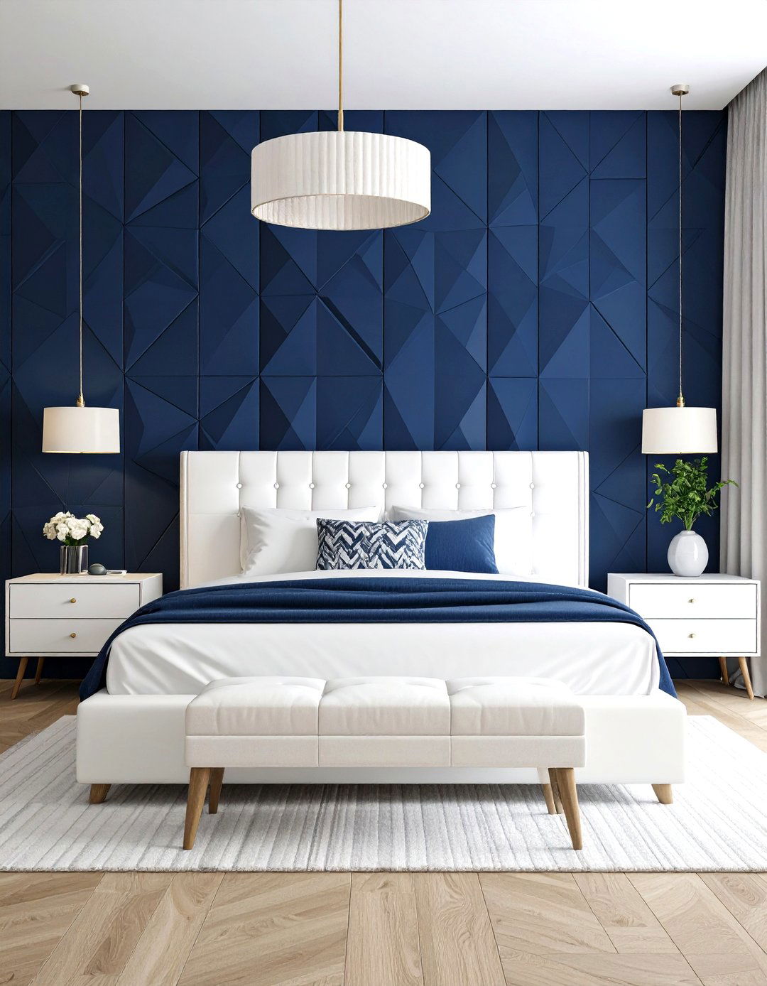 Navy Wallpaper Feature Wall - 24 Navy Blue Bedroom Ideas