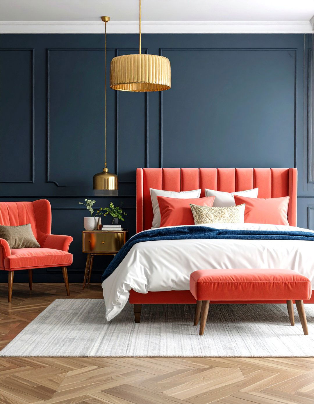Navy and Coral Vibrant Bedroom Theme - 24 Navy Blue Bedroom Ideas