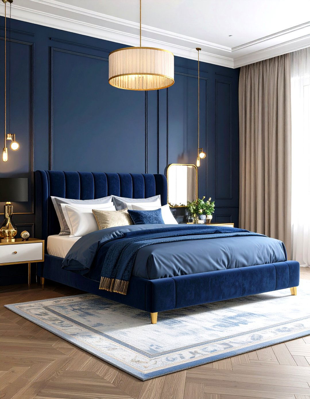 Navy and Gold Luxurious Bedroom Design - 24 Navy Blue Bedroom Ideas