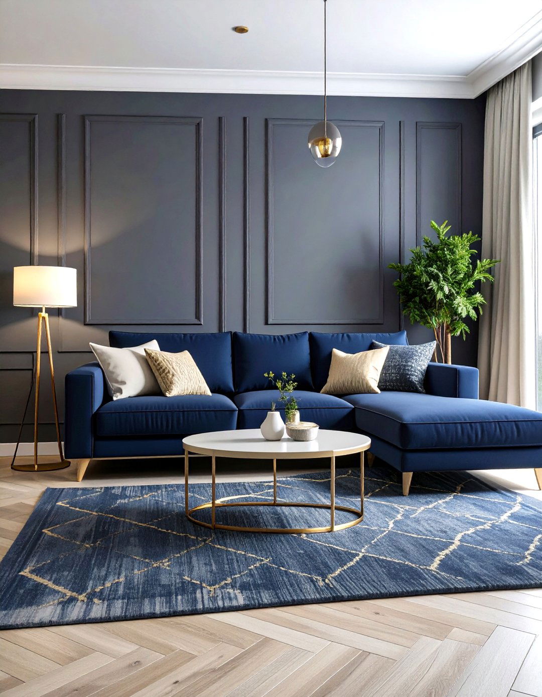 Navy and Gray Minimalist Living Room - 24 Navy Living Room Ideas