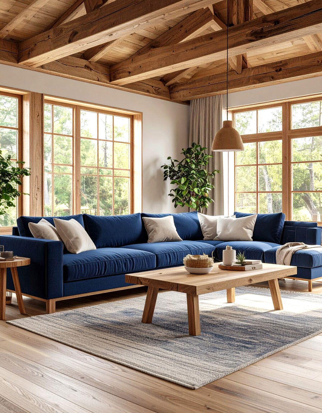 Navy and Natural Wood Combination - 24 Navy Blue Living Room Ideas