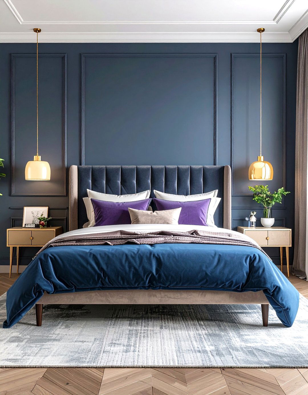 Navy and Purple Luxurious Pairing - 24 Navy Blue Bedroom Ideas