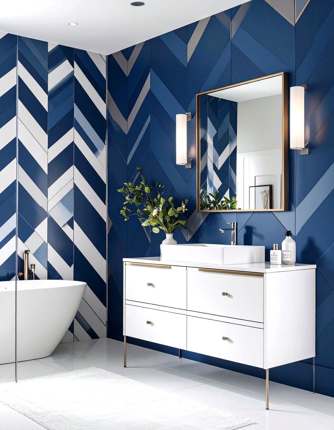 Navy and White Geometric Wallpaper - 24 blue powder room ideas