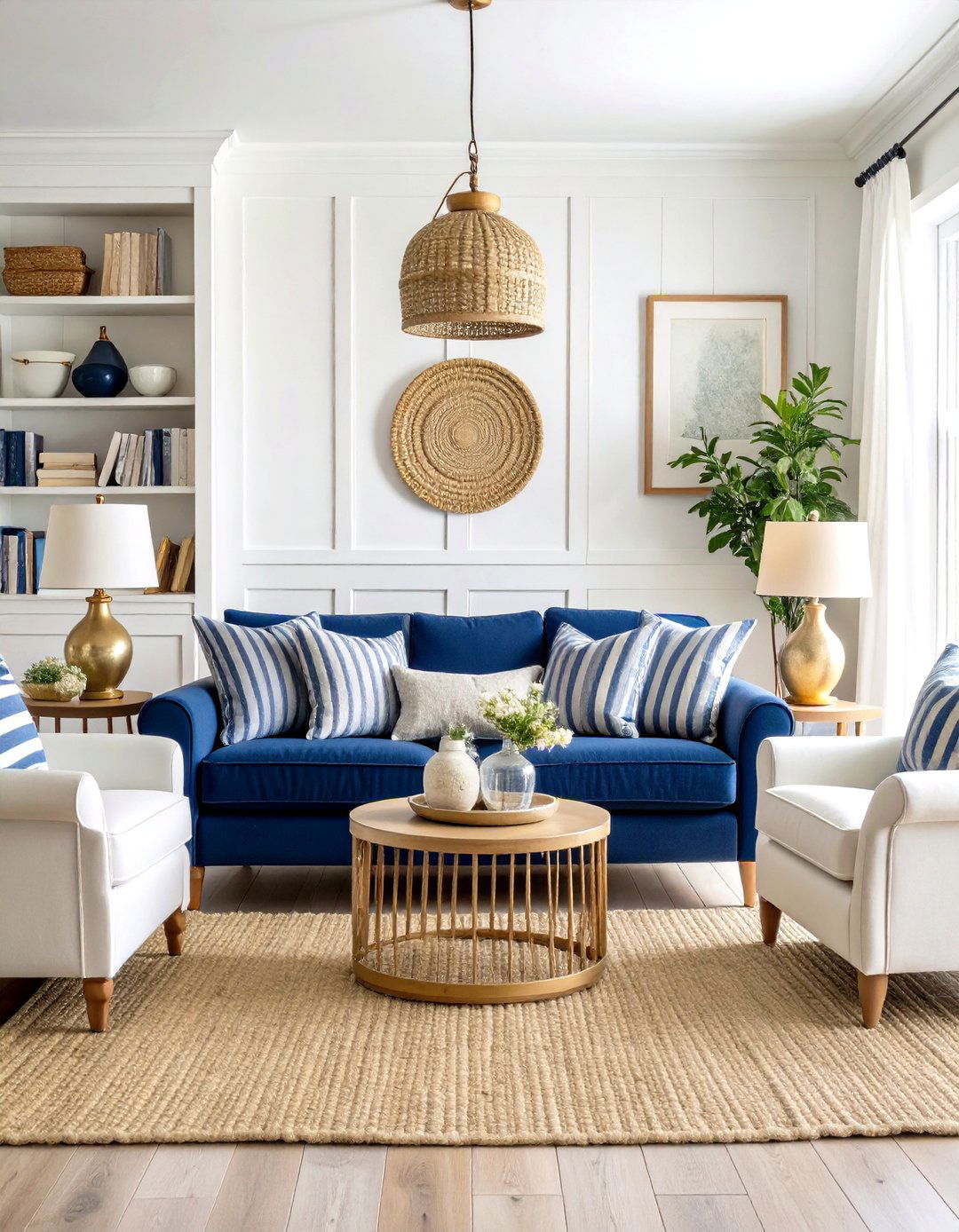 Navy and White Nautical Living Room - 24 Preppy Living Room Ideas